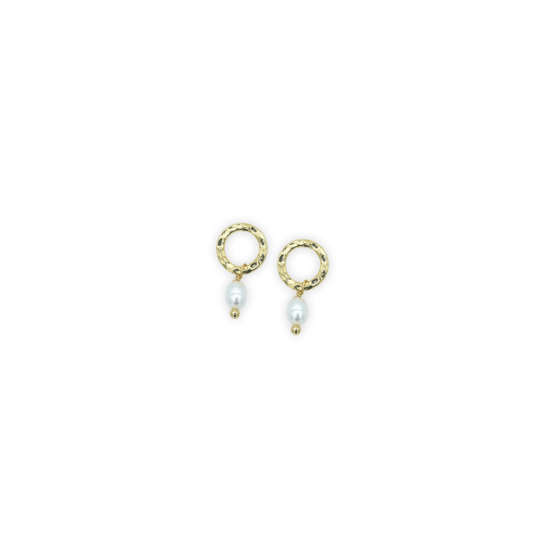 Gold Pearl Drop Earrings front view – Small gold hoops with freshwater pearl drops, showcasing elegant and minimalist design
