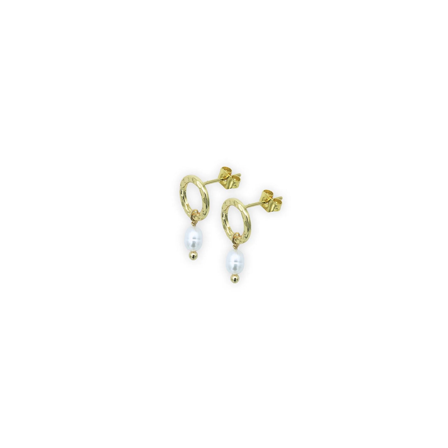Gold Pearl Drop Earrings side view – Elegant small gold hoops featuring freshwater pearl drop, shown from the side to highlight curvature and drop length