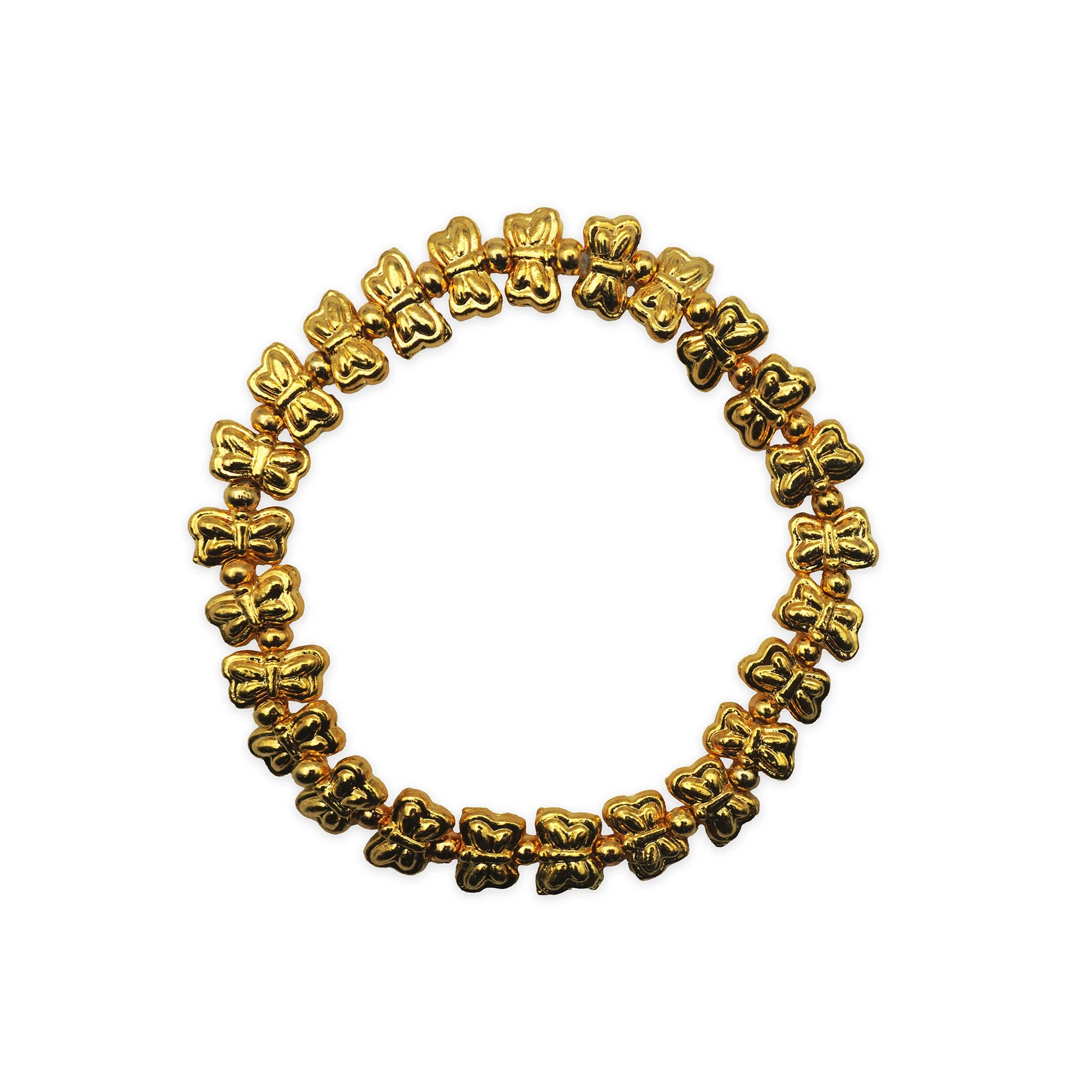 Golden Butterfly Stretch Bracelet laid flat to show full shape and size, highlighting gold-plated butterfly beads crafted in Bali.