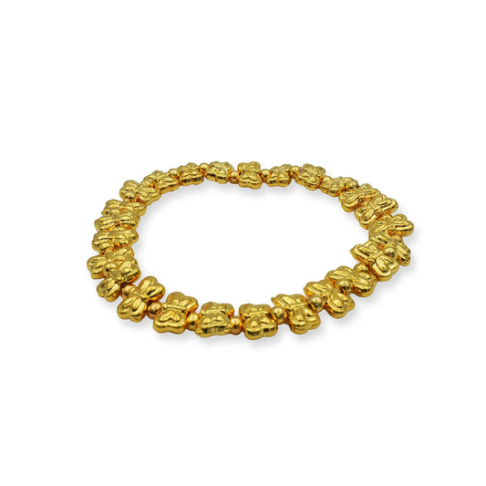 Side angle of the Golden Butterfly Stretch Bracelet showing the shape, thickness, and detailed gold-plated butterfly beads handcrafted in Bali.