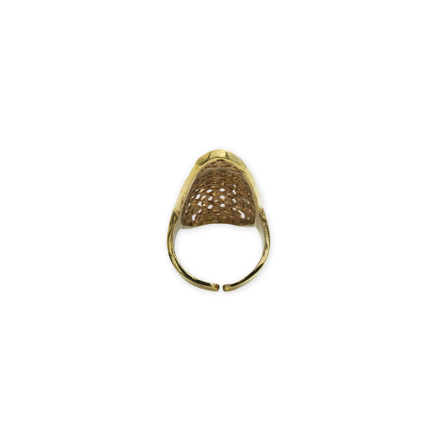 Golden Filigree Shield Ring – Back view of handcrafted brass ring showing the adjustable open band and filigree structure for comfortable fit and vintage-inspired style