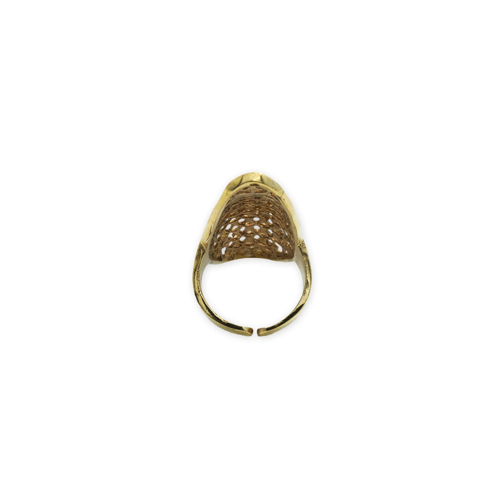 Golden Filigree Shield Ring – Back view of handcrafted brass ring showing the adjustable open band and filigree structure for comfortable fit and vintage-inspired style
