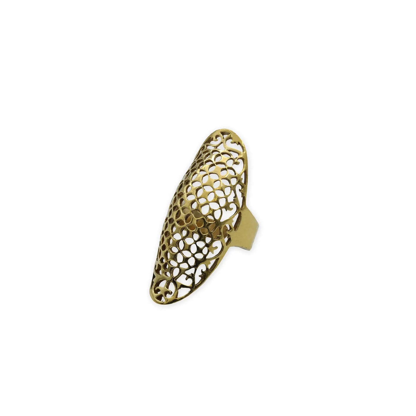 Golden Filigree Shield Ring – Front view of handcrafted natural brass ring with elongated filigree design, blending vintage charm with bold elegance