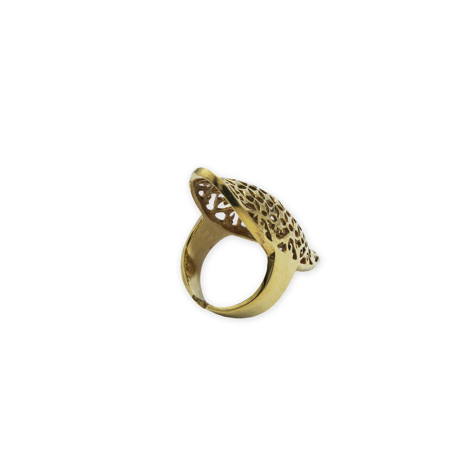 Golden Filigree Shield Ring – Side view of handcrafted natural brass ring with an airy, elongated filigree structure for a bold yet lightweight statement look