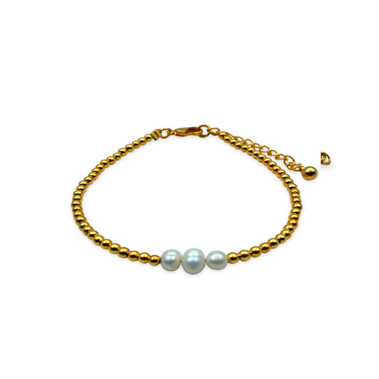 Front view of the Golden Grace Pearl Bracelet featuring lustrous pearls with subtle golden accents. Handmade in Bali, designed with refined minimalist elegance and timeless charm.