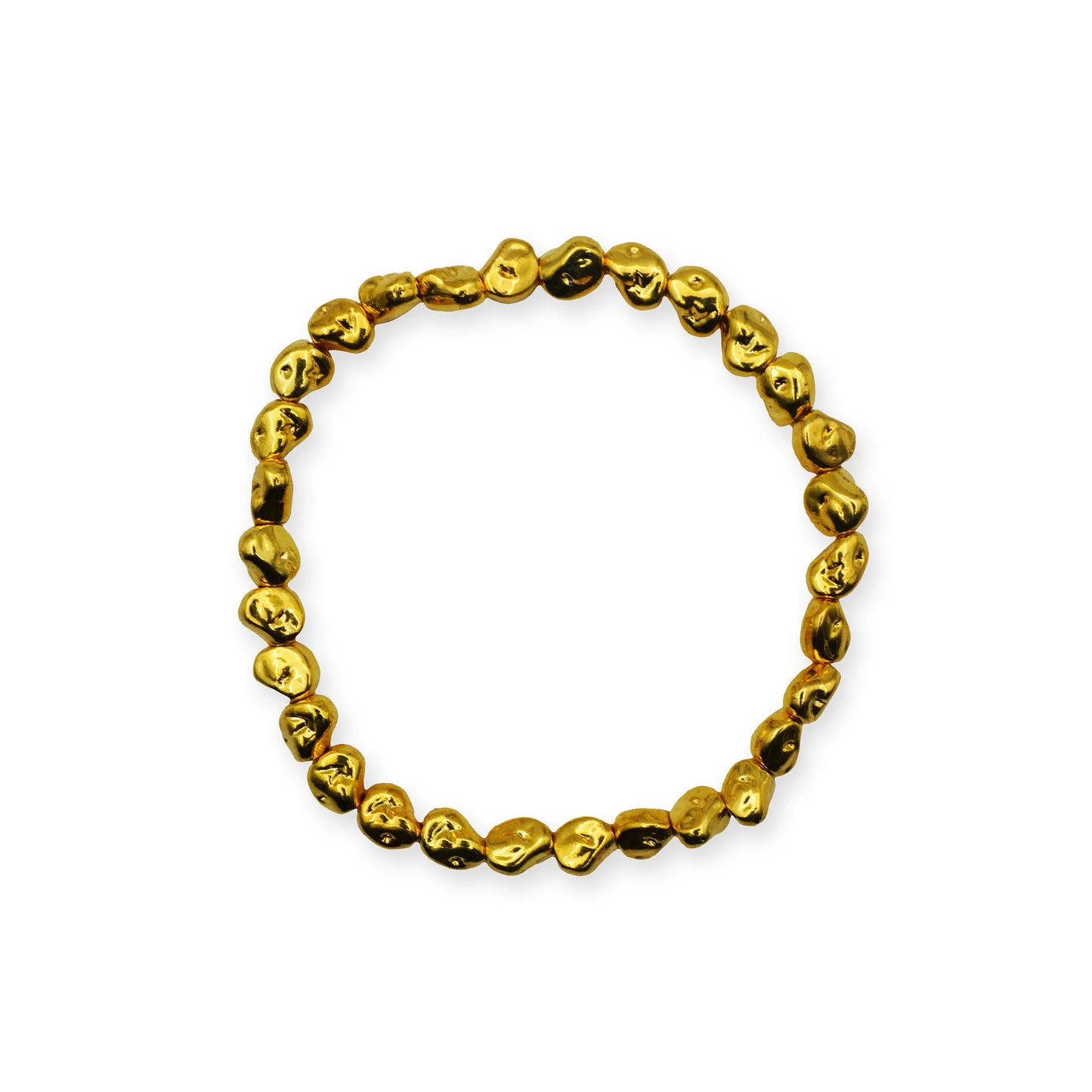 Golden Nugget Stretch Bracelet displayed with size reference, featuring organically shaped gold-toned beads for sculptural elegance and everyday wear.