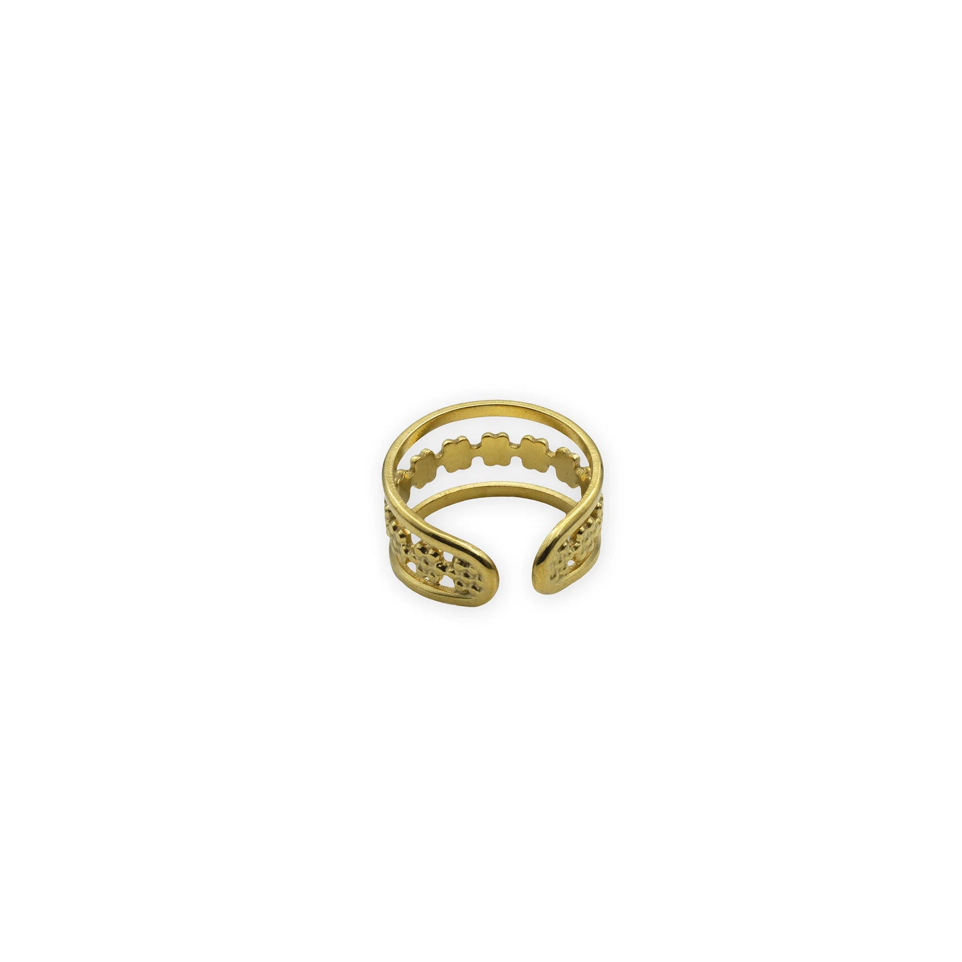 Golden Petal Band – Back view of 18K gold-plated adjustable ring showing the open band design and smooth inner finish for a comfortable fit