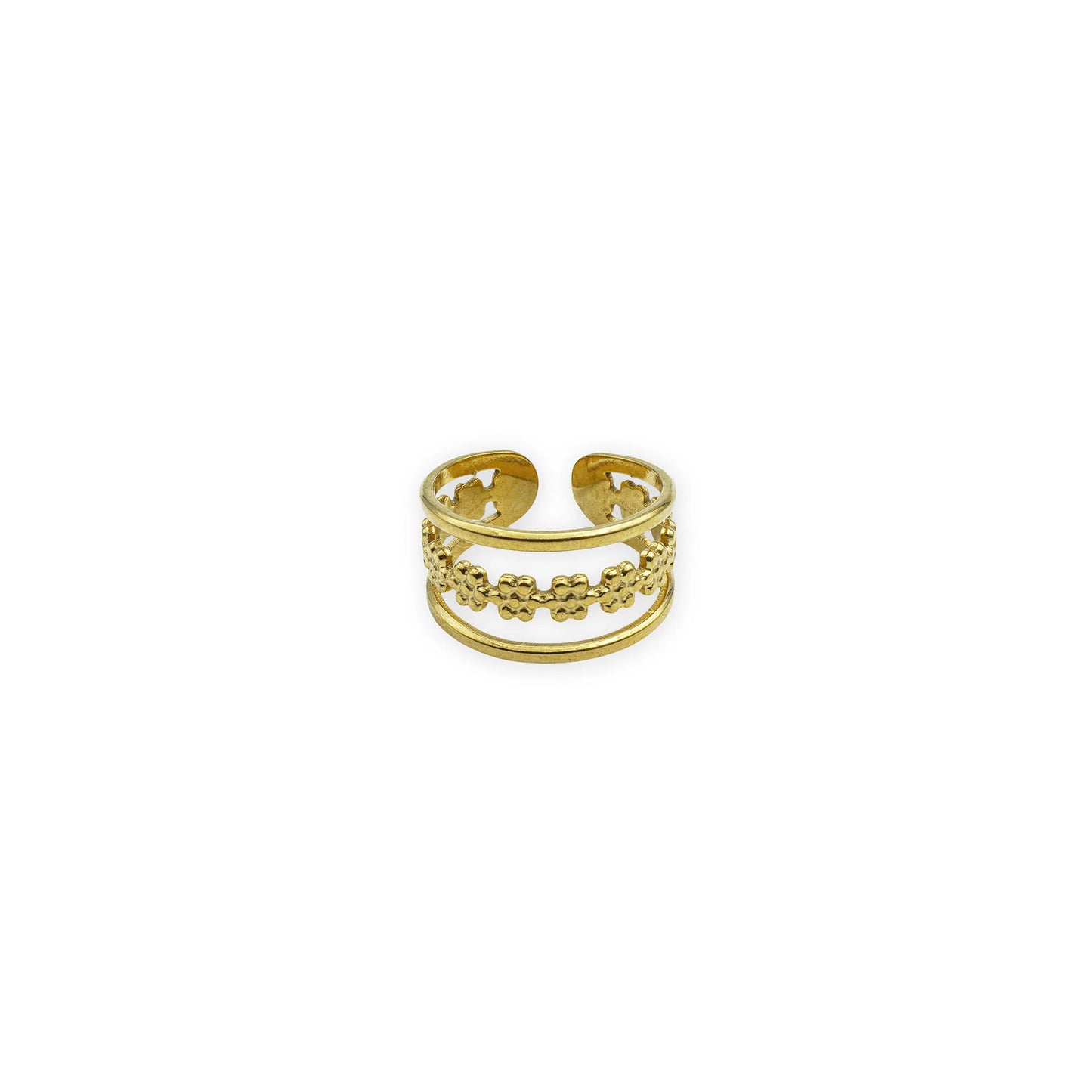Golden Petal Band – Front view of 18K gold-plated adjustable ring featuring petal-like textures for a delicate and elegant floral-inspired design