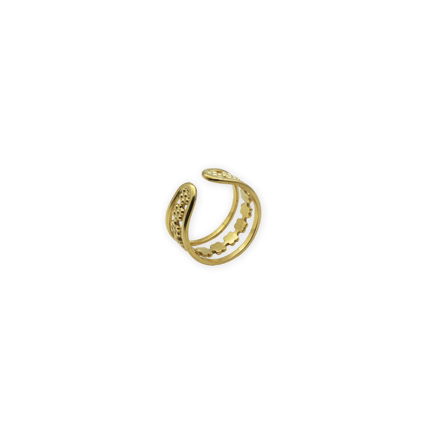 Golden Petal Band – Side view of 18K gold-plated adjustable ring featuring layered petal textures and a gently curved silhouette for a graceful floral look