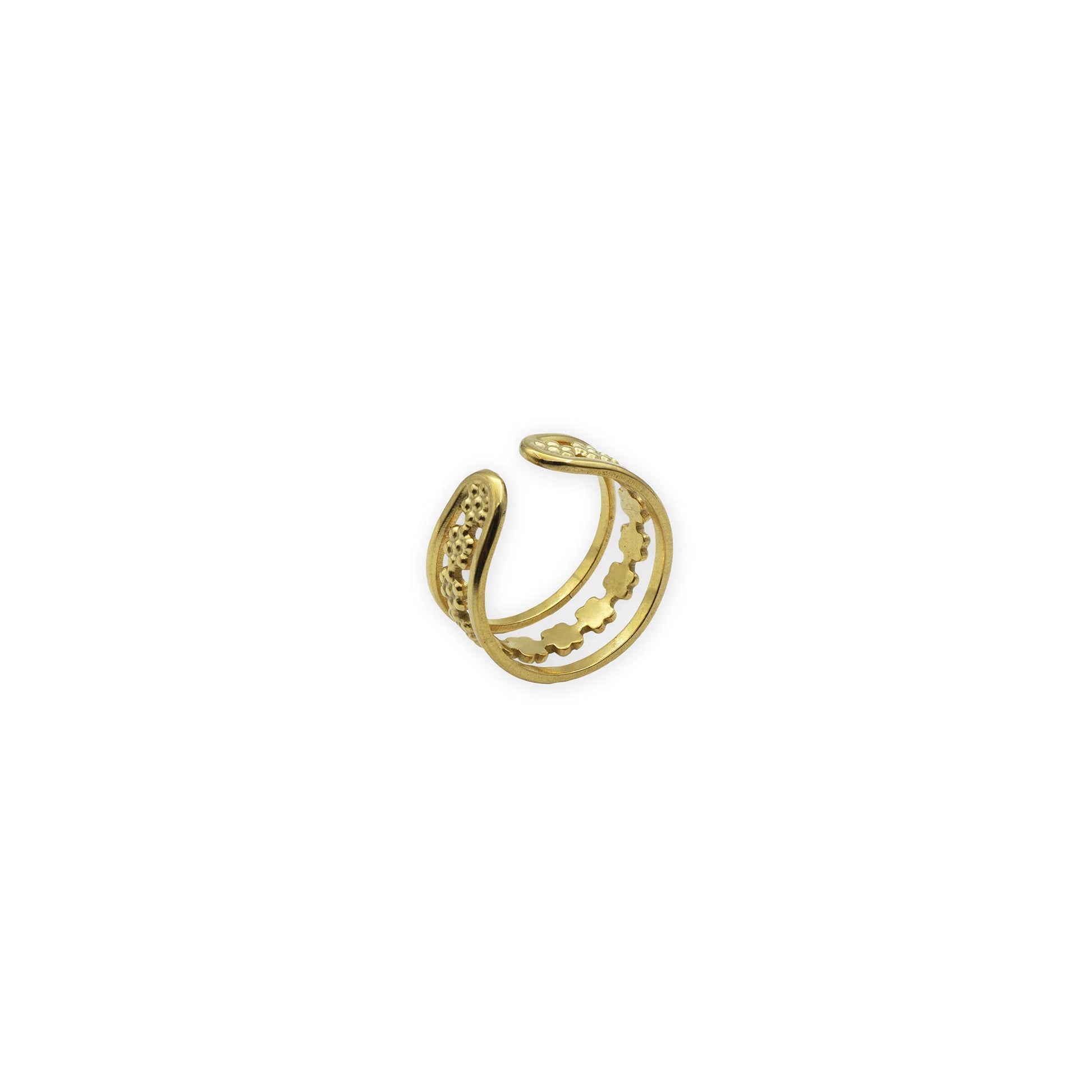 Golden Petal Band – Side view of 18K gold-plated adjustable ring featuring layered petal textures and a gently curved silhouette for a graceful floral look