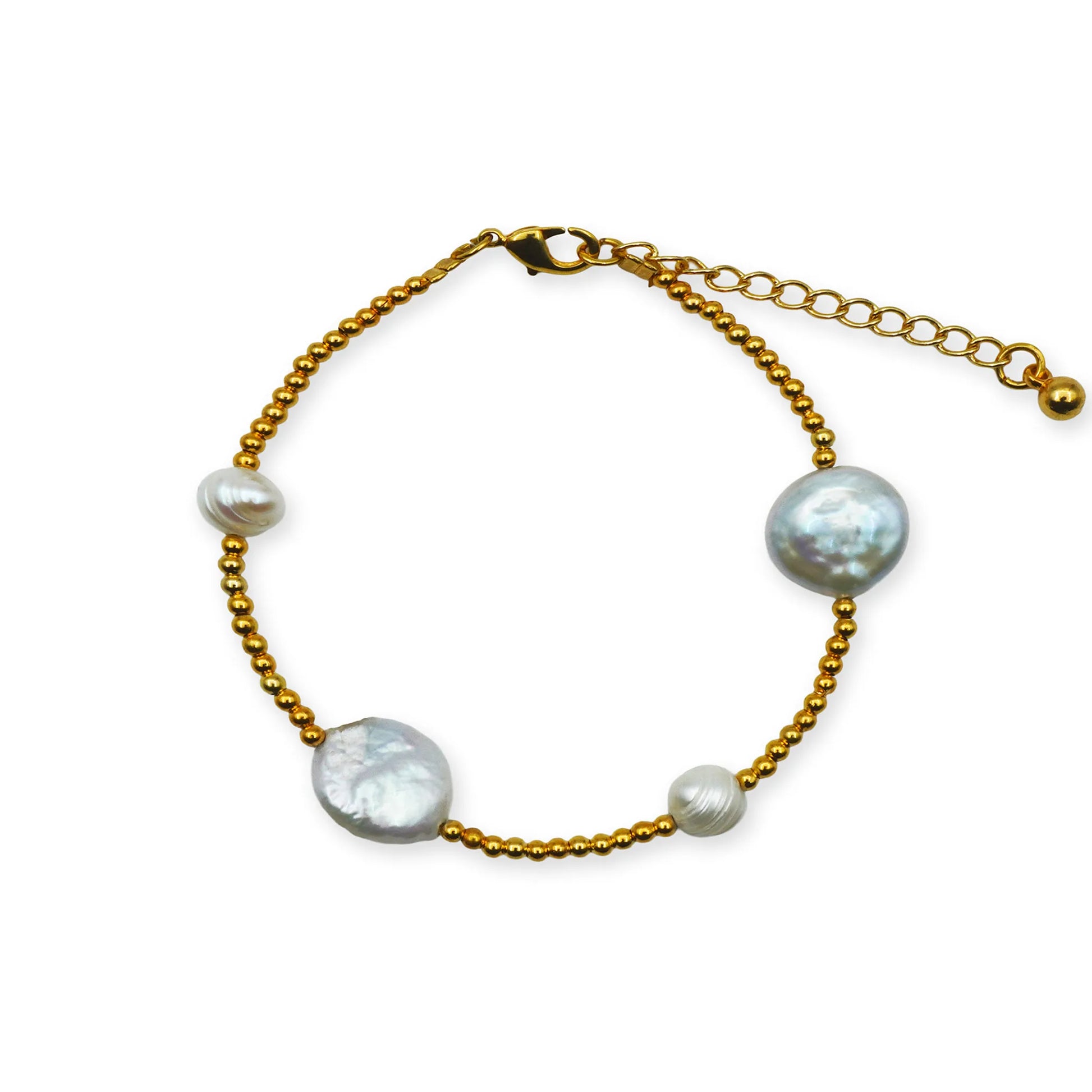 Scale view of the Golden Radiance Pearl Bracelet showing luminous pearls with golden bead accents arranged in a circular form. Highlights proportions, fit, and handmade Bali craftsmanship for elegant boho style.