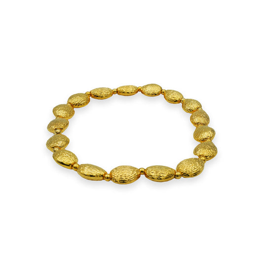 Side view of the Golden Textured Bead Bracelet showing detailed golden oval beads and stretch fit design
