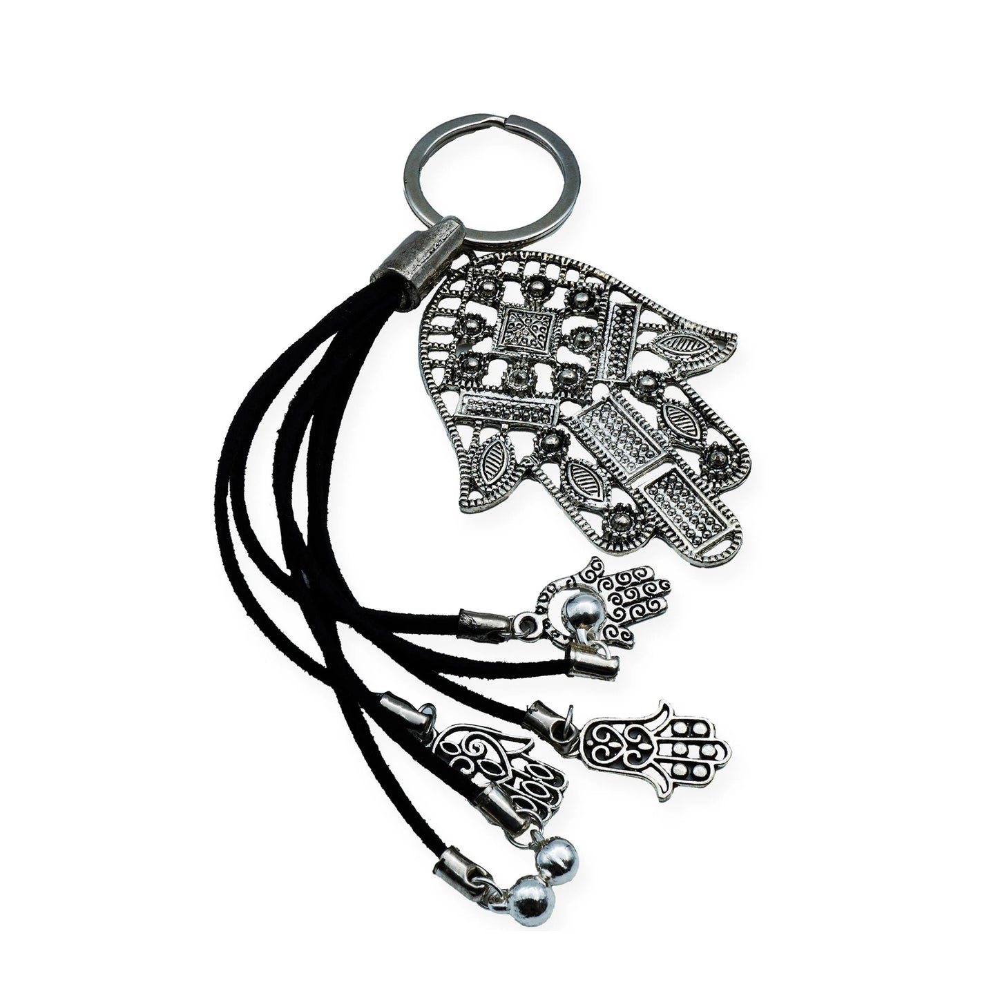Top-down view of Mystic Hamsa Charm Keychain featuring ornate silver hamsa motifs and silver beads on black cords, blending handmade craftsmanship with bohemian charm.