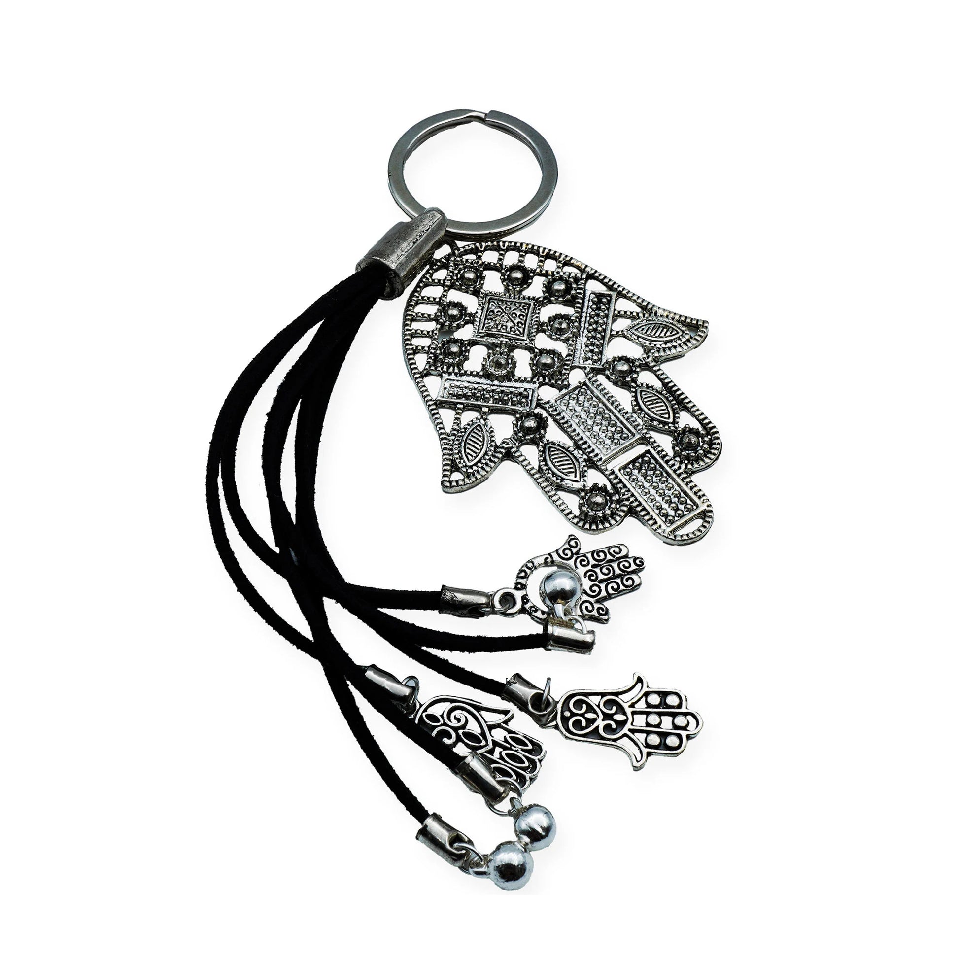 Top-down view of Mystic Hamsa Charm Keychain featuring ornate silver hamsa motifs and silver beads on black cords, blending handmade craftsmanship with bohemian charm.