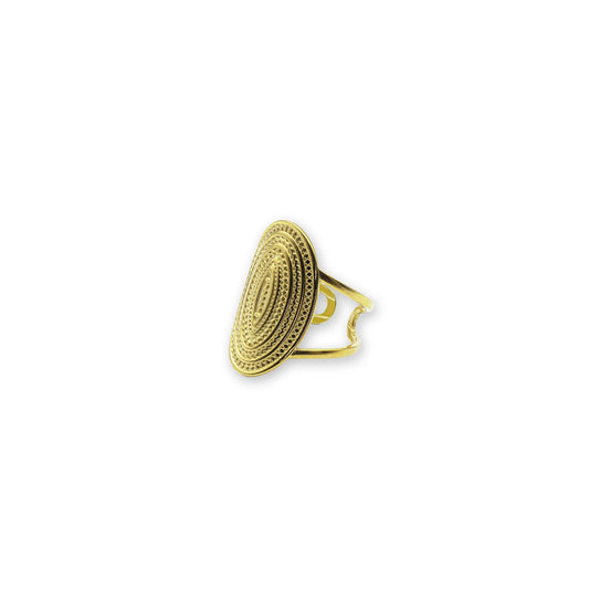 Orbit Radiance Ring – Front view of gold-tone ring with concentric circular design, symbolizing movement, light, and modern radiance