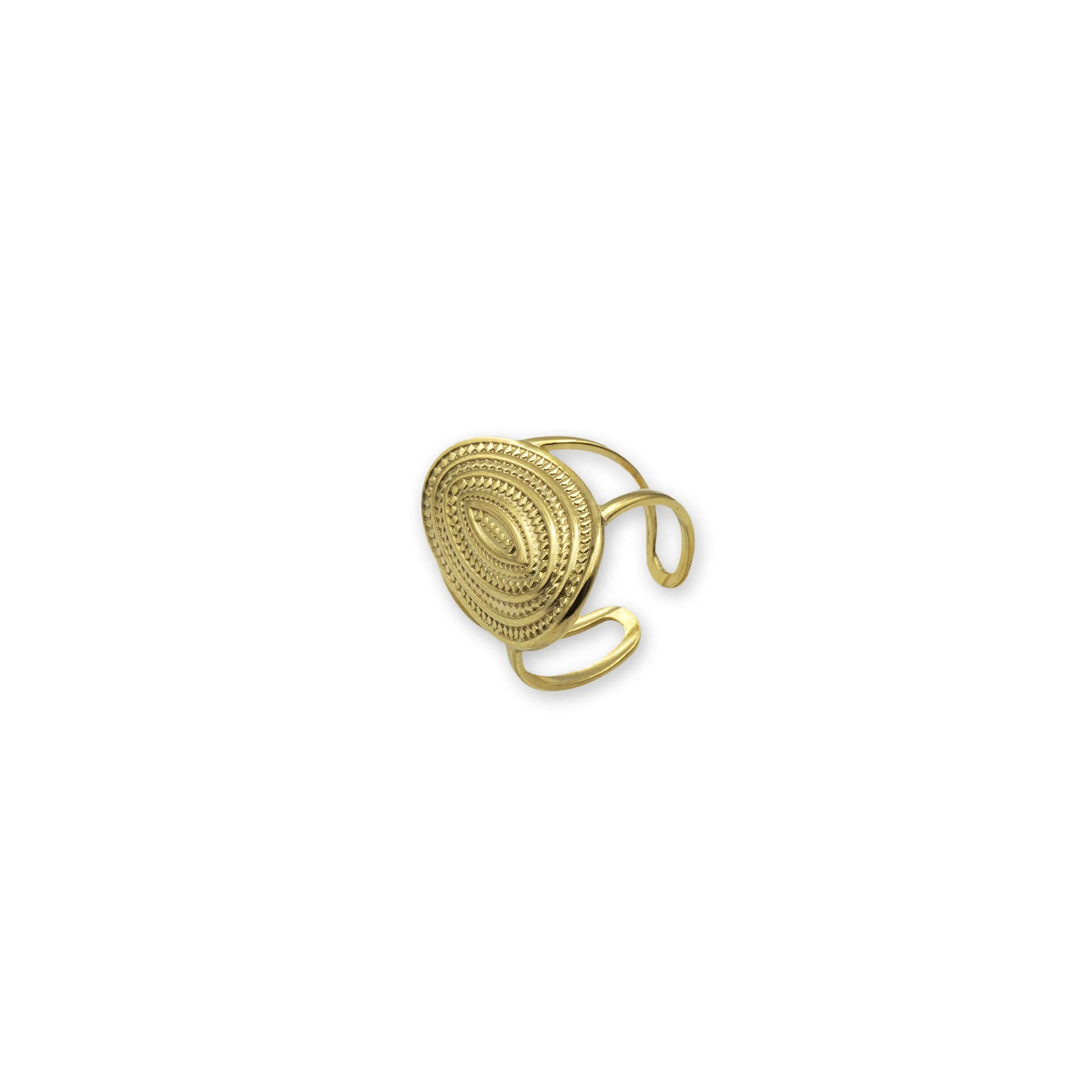 Orbit Radiance Ring – Side view of gold-tone ring featuring raised circular layers and a sleek profile, reflecting dynamic modern elegance