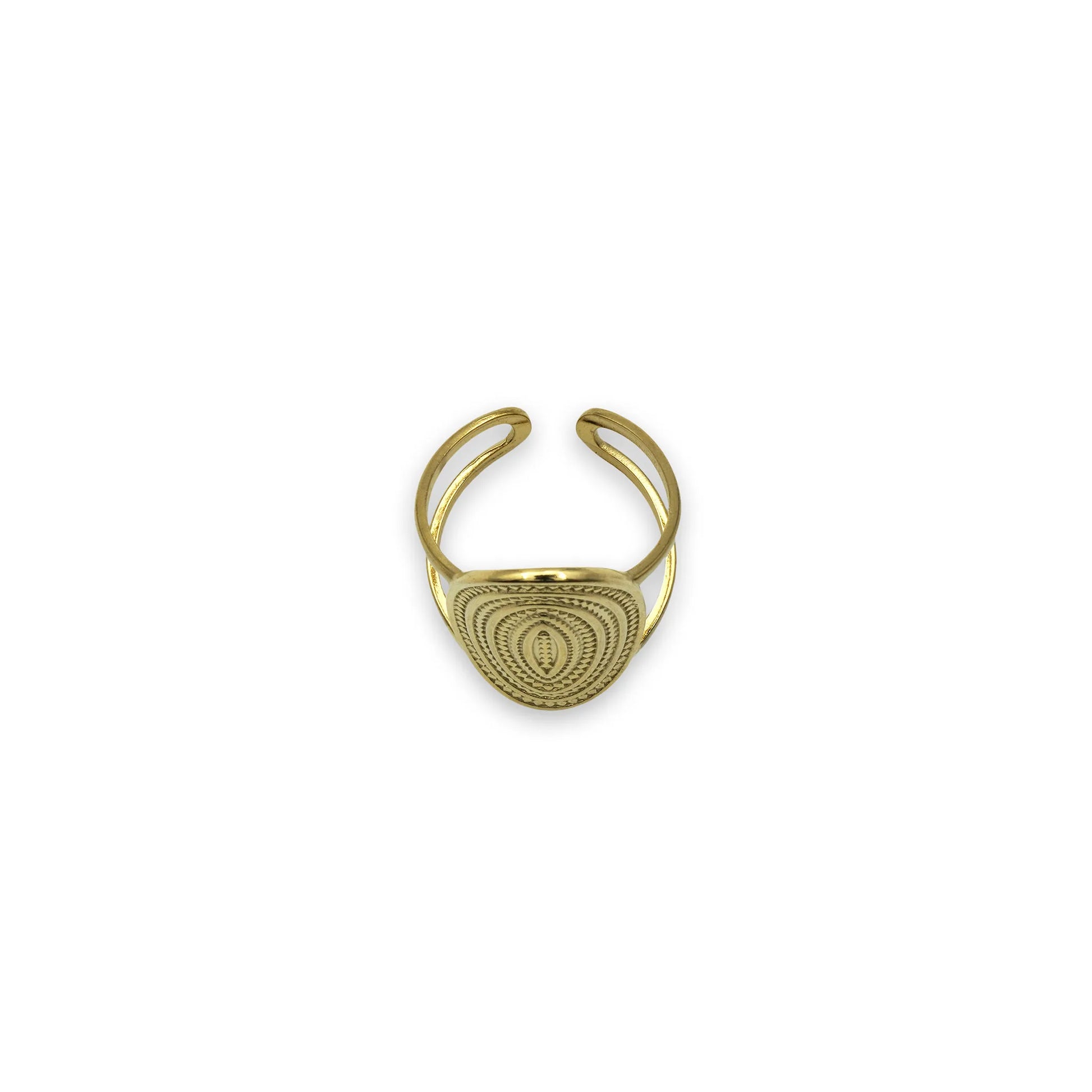 Orbit Radiance Ring – Top view of gold-tone ring with layered circular design, capturing light and motion in a radiant, contemporary style