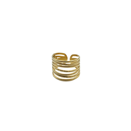 Raya Wave Ring – Front view of gold-tone ring with flowing contour lines, inspired by natural waves for a minimalist and elegant design