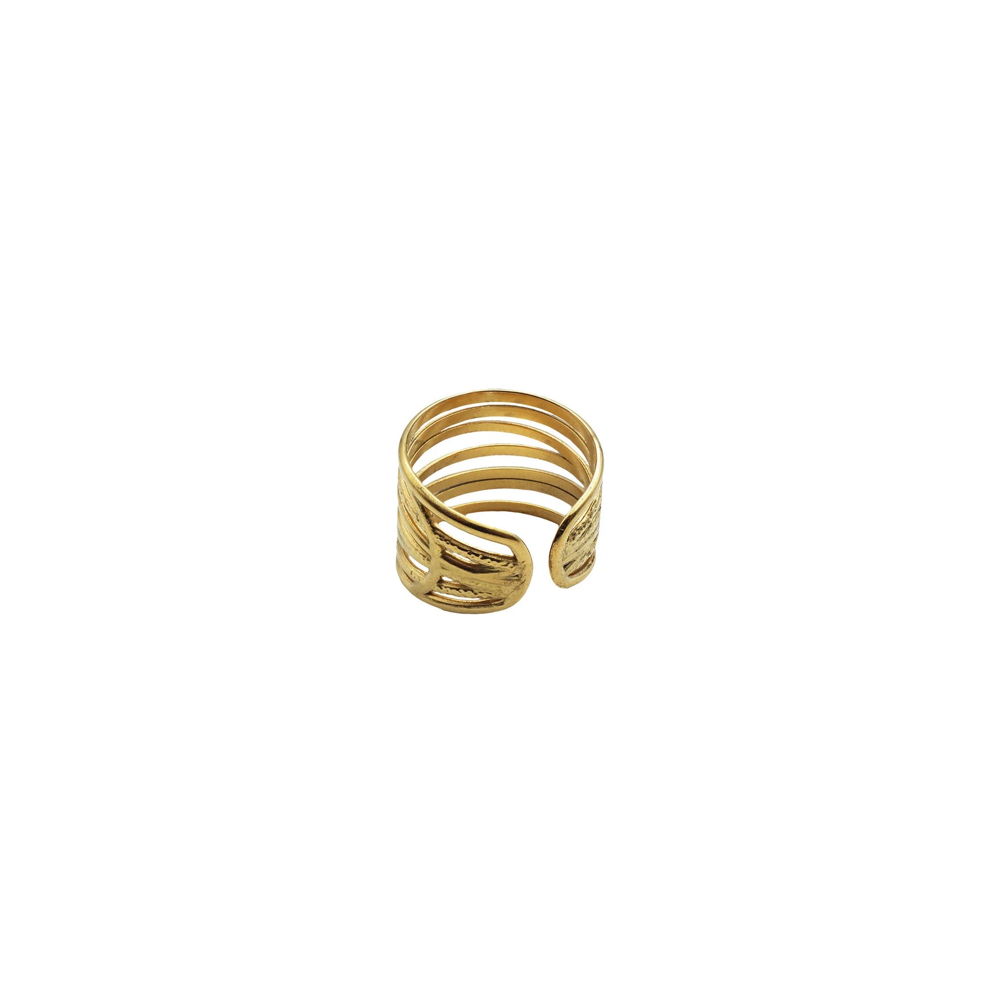 Raya Wave Ring – Side view of gold-tone ring with undulating wave-shaped band, capturing minimalist elegance and natural flow