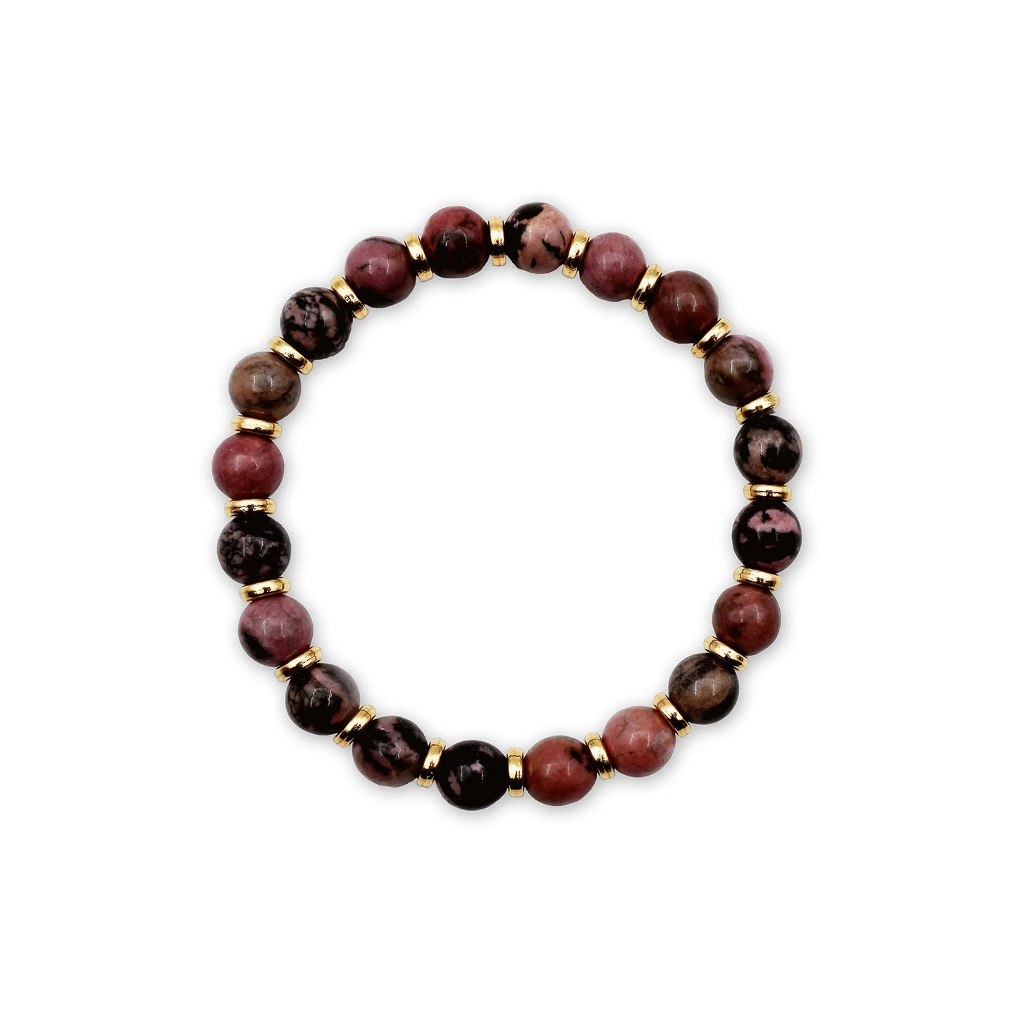 Top-down view of the Rhodonite Harmony Bracelet in circular form, showing size and gemstone variation