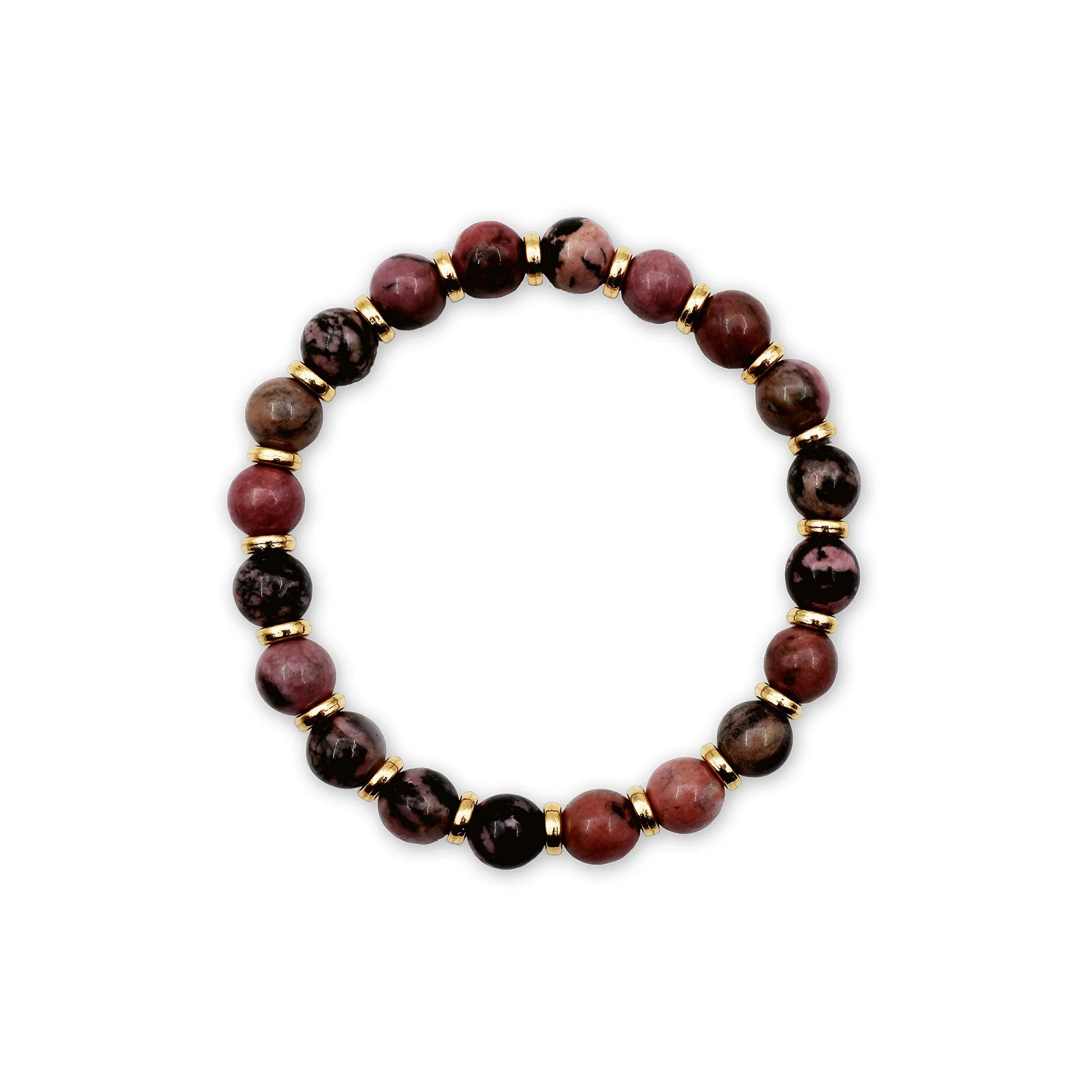 Top-down view of the Rhodonite Harmony Bracelet in circular form, showing size and gemstone variation