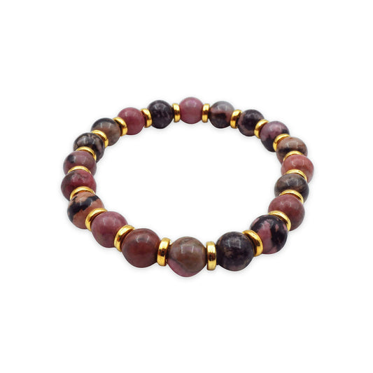Side view of the Rhodonite Harmony Bracelet featuring natural gemstone beads and stretch-fit elastic band