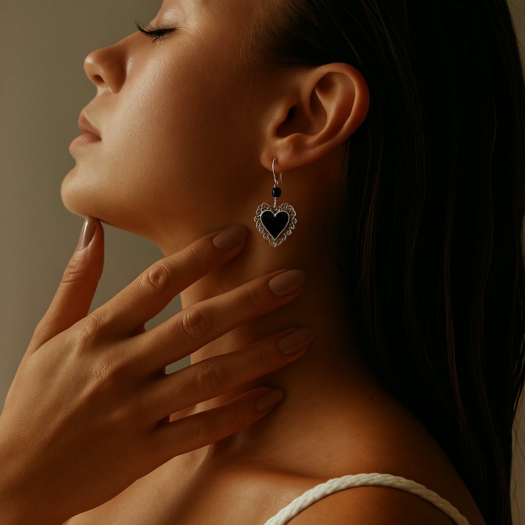 Close-up of a woman wearing a romantic black heart drop earring with intricate silver detailing, styled against her skin in soft, natural light. The jewelry evokes vintage elegance and emotional charm—perfectly aligned with Camins Fashion’s Mediterranean-bohemian style.