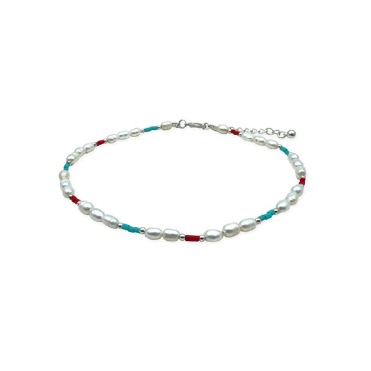 Sea Breeze Pearl Anklet handmade in Bali, featuring delicate freshwater pearls with Miyuki bead accents – front view on a clean white background.