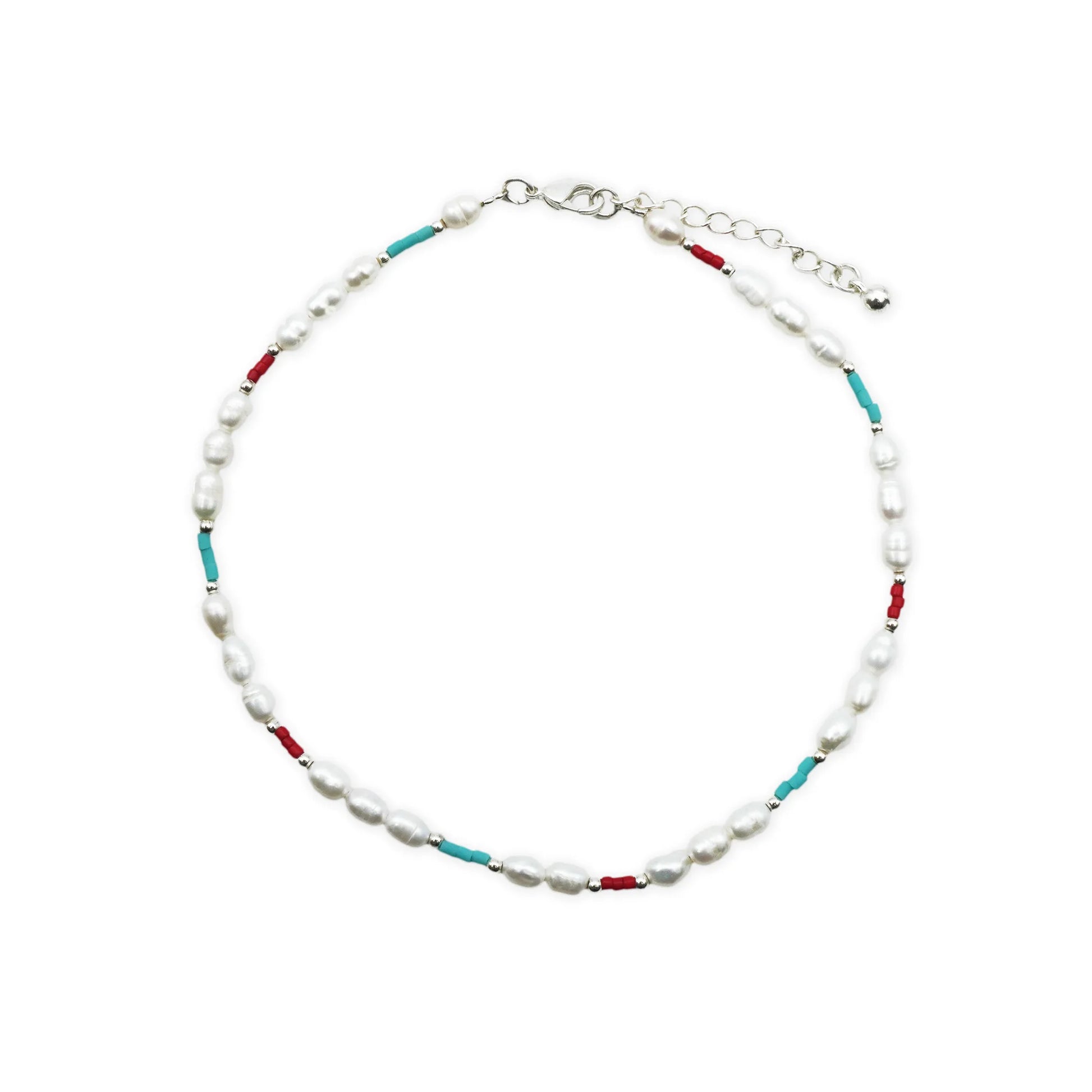 Sea Breeze Pearl Anklet handmade in Bali, showcasing freshwater pearls with Miyuki bead accents – scale view for size reference on a white background.