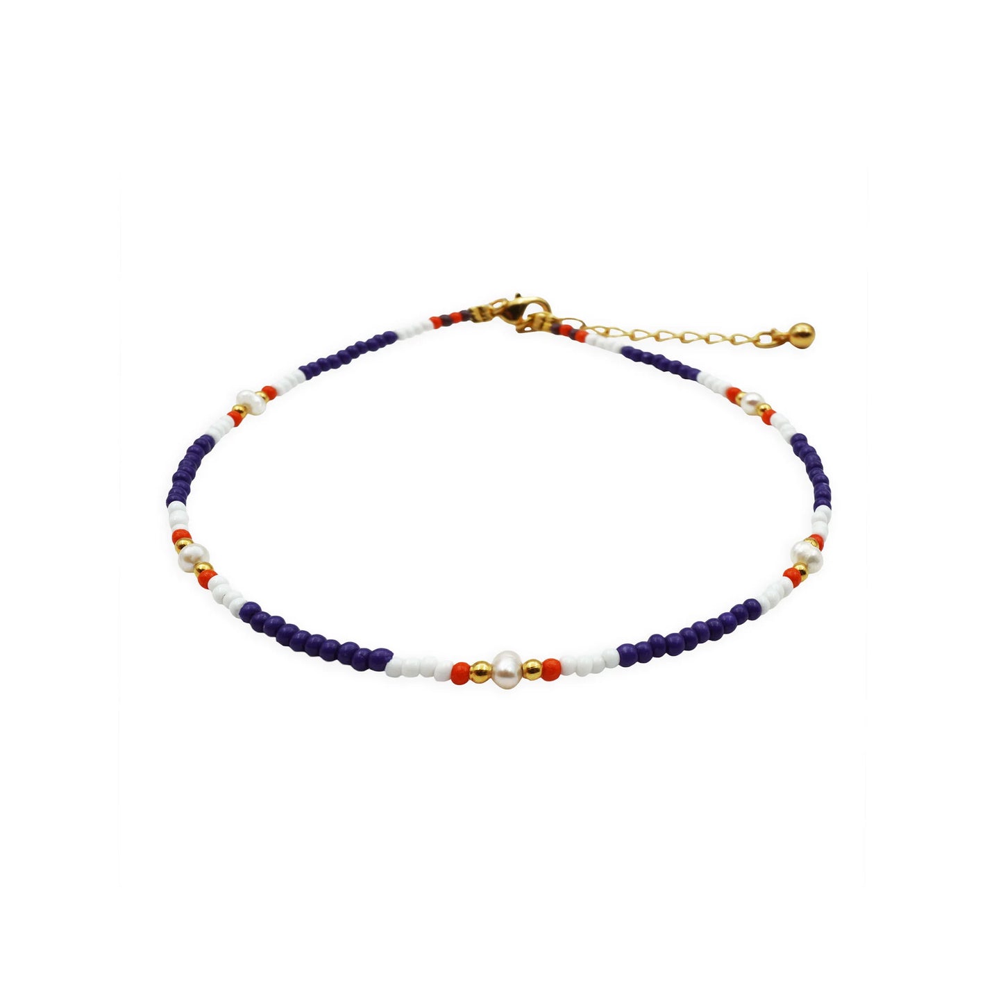 Front view of the Seaside Harmony Beaded Anklet handmade in Bali, featuring natural shell and glass beads in soft coastal tones, designed with a boho-chic Mediterranean charm.