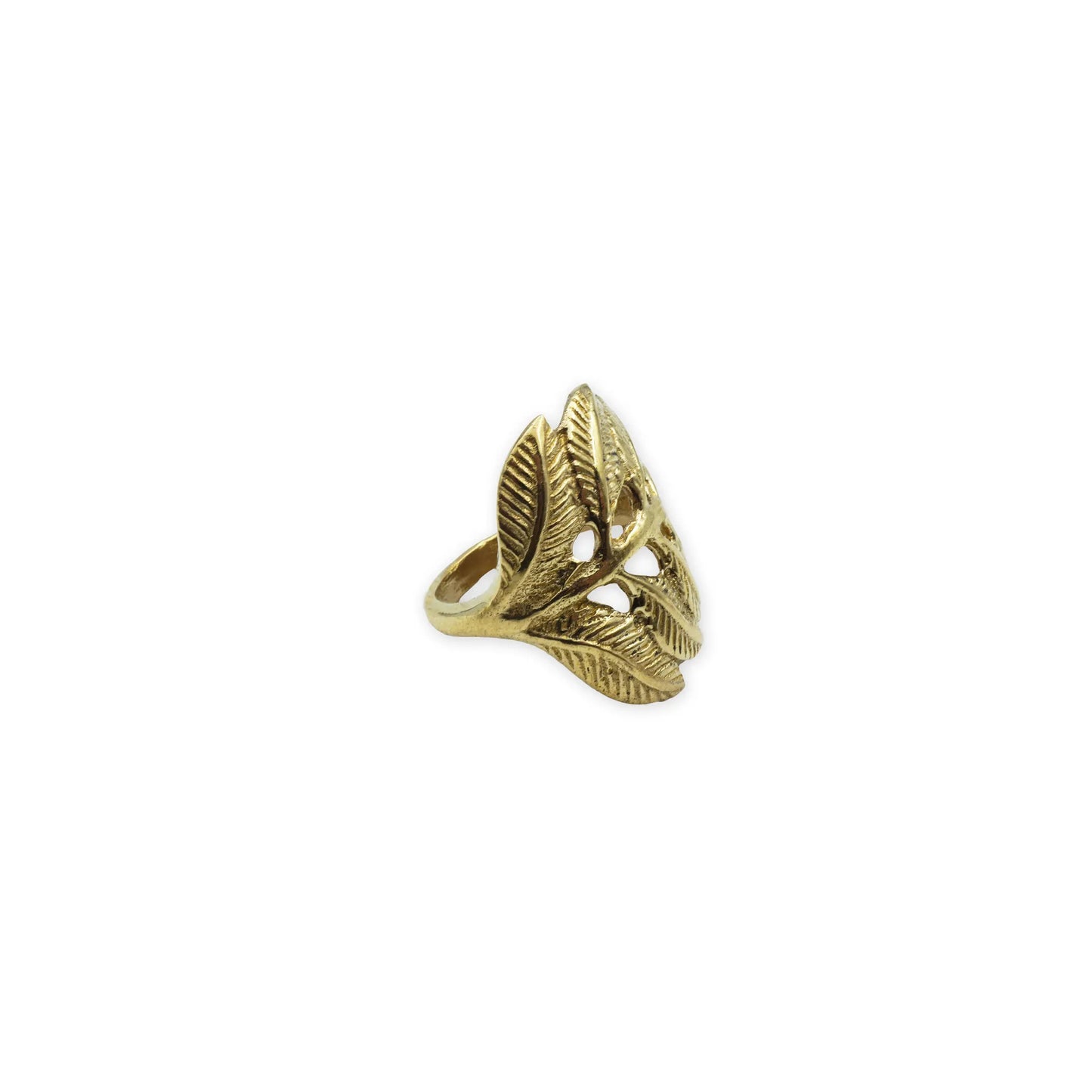 Selva Leaf Ring – Back view of gold-tone handcrafted ring showing the smooth adjustable band and curved leaf silhouette for a natural, organic finish

