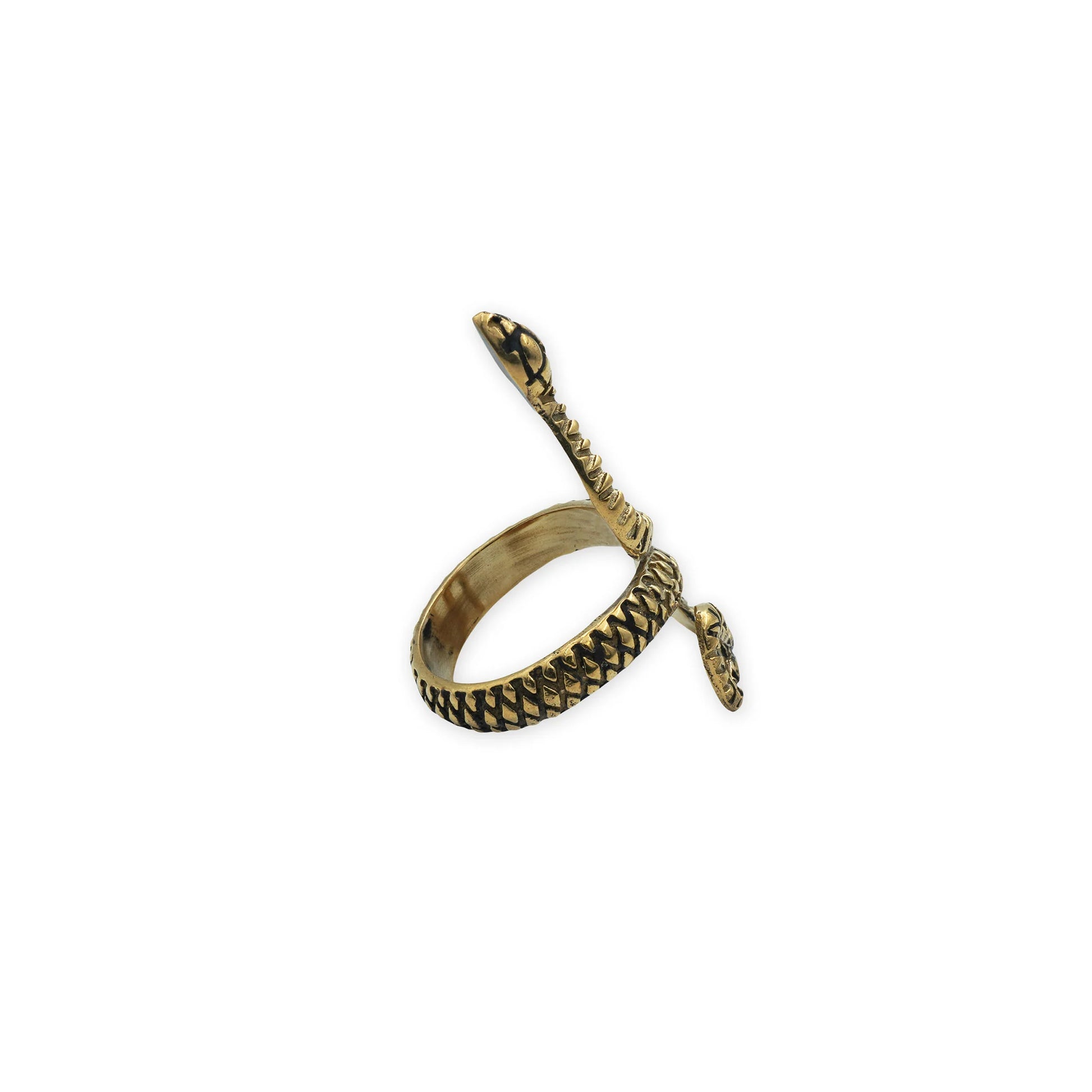 Serpenta Ring – Side view of gold-tone snake ring highlighting the elegant curve and coiled body for a bold, symbolic boho look