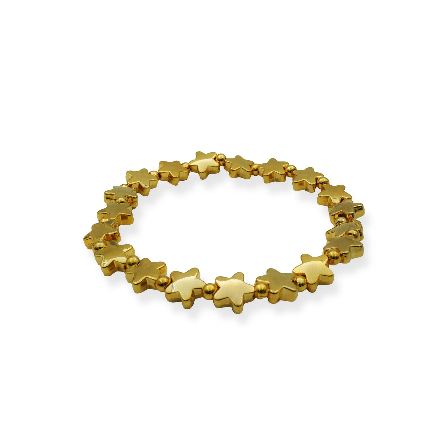 Side view of the Starlight Glow Stretch Bracelet featuring radiant gold-toned star beads, handcrafted in Bali for a celestial, minimalist charm.