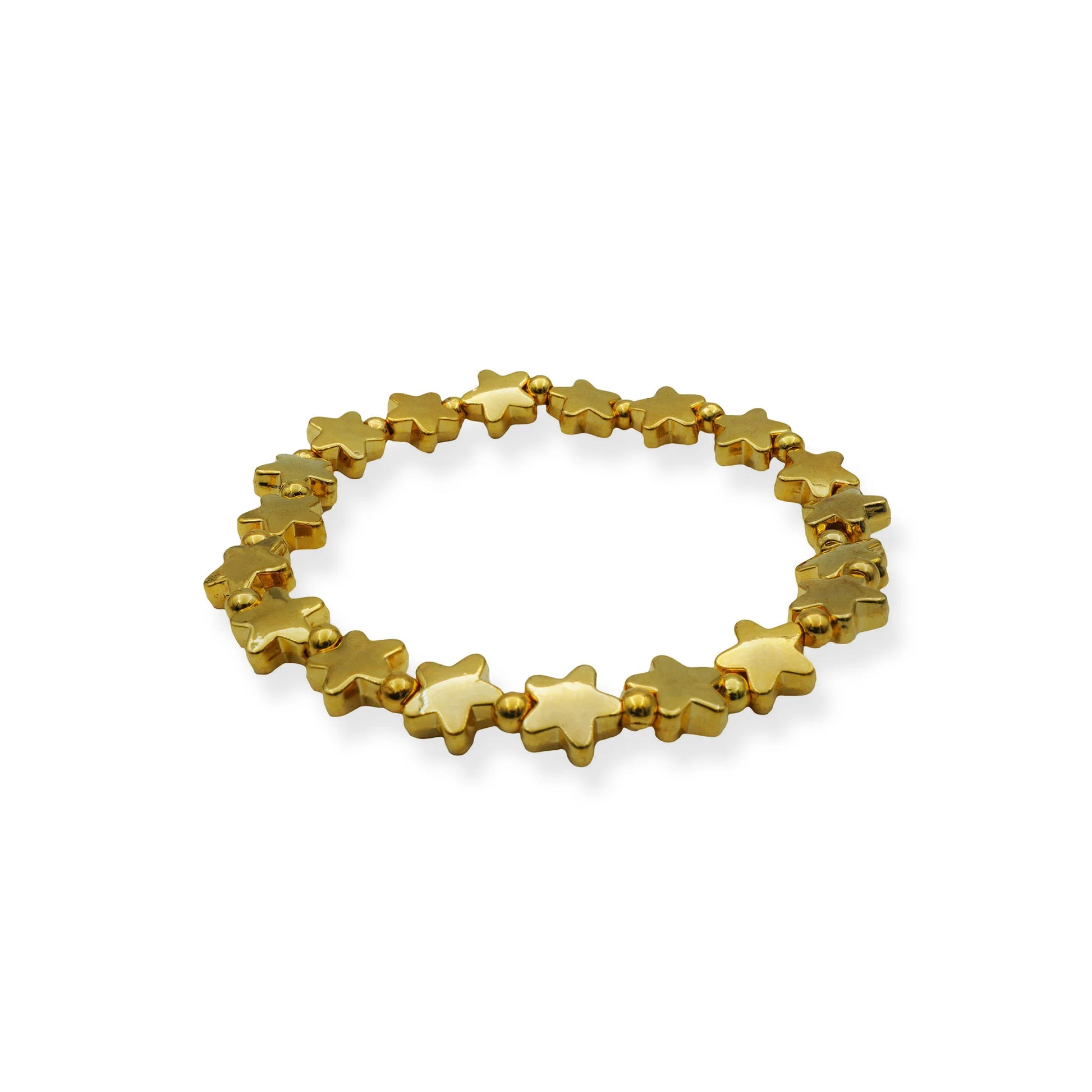 Side view of the Starlight Glow Stretch Bracelet featuring radiant gold-toned star beads, handcrafted in Bali for a celestial, minimalist charm.