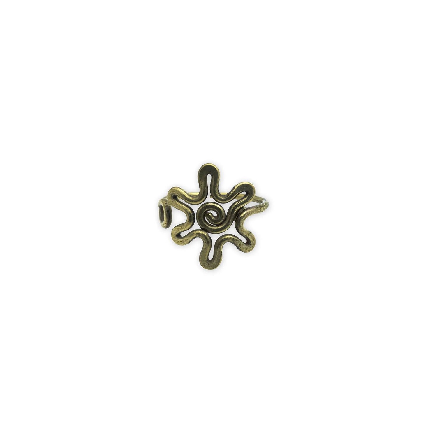 Sun Spiral Ring – Front view of handcrafted natural brass ring featuring a spiral sun design, representing warmth, energy, and bohemian elegance