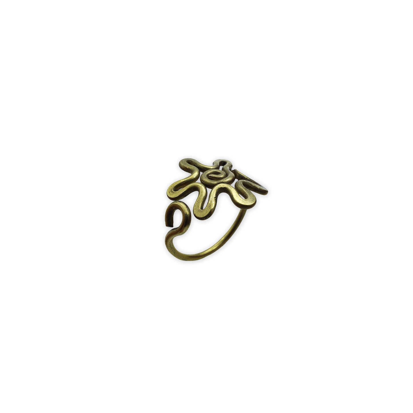 Sun Spiral Ring – Side view of handcrafted natural brass ring featuring a raised spiral sun motif, symbolizing energy and radiance in a boho-inspired design