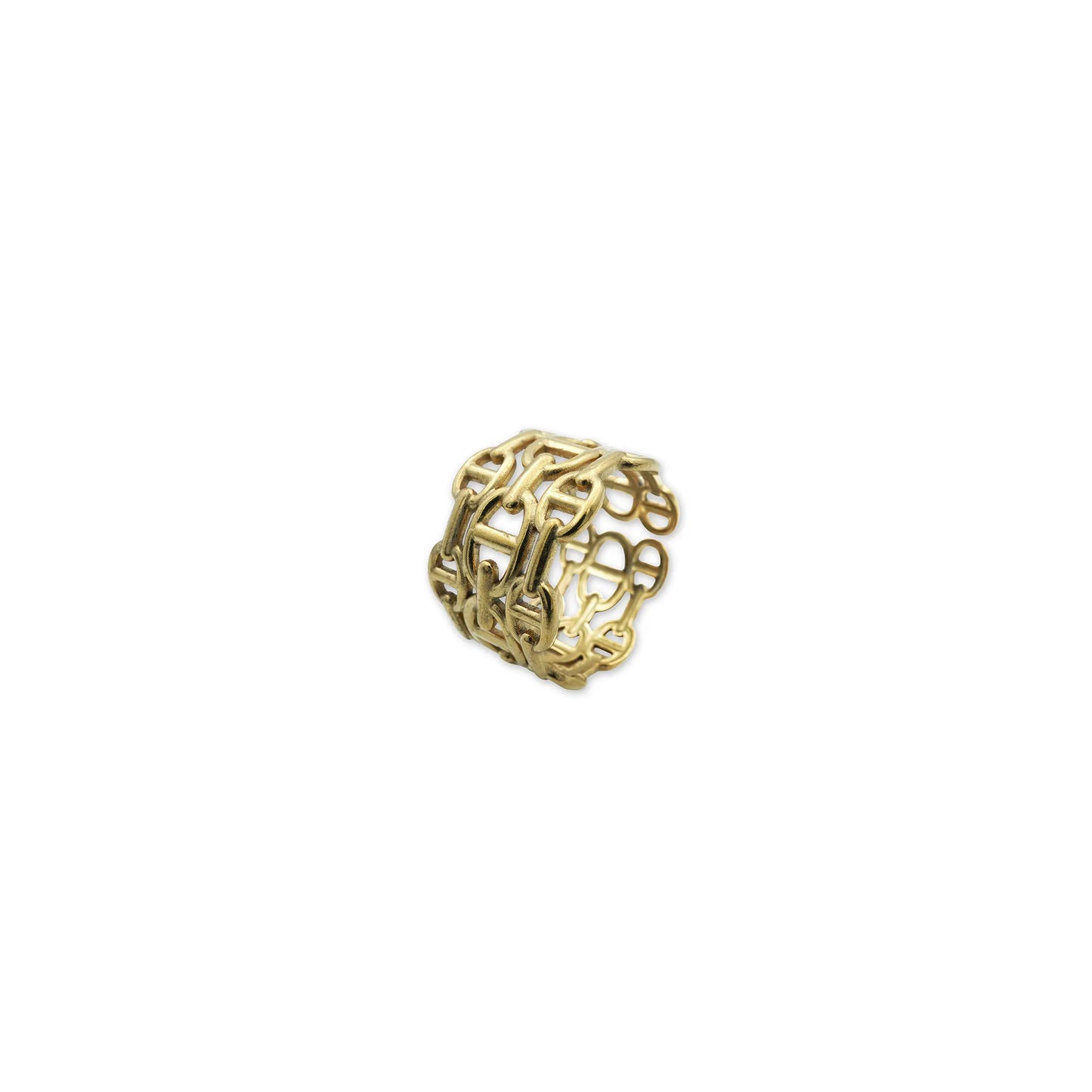 Urban Link Ring – Side view of gold-tone chain-link ring showing its bold structure and modern urban edge in a sleek silhouette